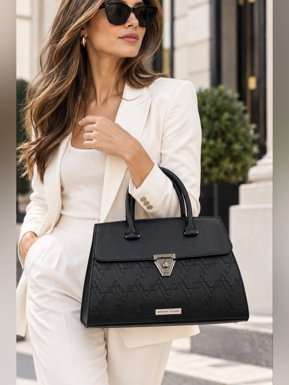 Adrienne Vittadini Black Embossed Structured Satchel Handbag